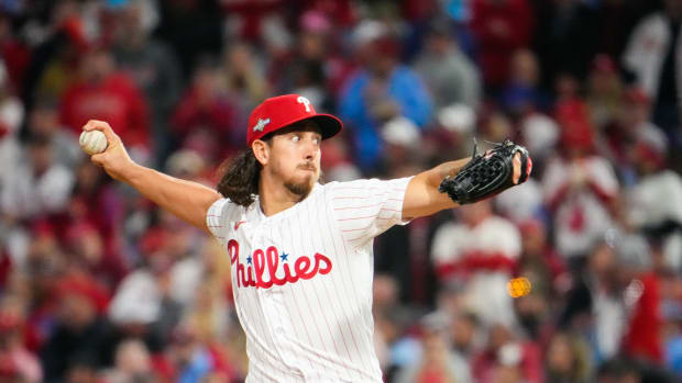Philadelphia Phillies starting pitcher Michael Lorenzen (22) pitches during the sixth inning against the Arizona Diamondbacks in Game 6 of the NLCS at Citizens Bank Park on Oct. 23, 2023, in Philadelphia, PA. The Arizona Diamondbacks won Game 6 of the NLCS against the Philadelphia Phillies, 5-1.
